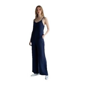 Bucket List Jumpsuit Wide Leg Oversized Gauze Small Pockets Sleeveless Navy NWT